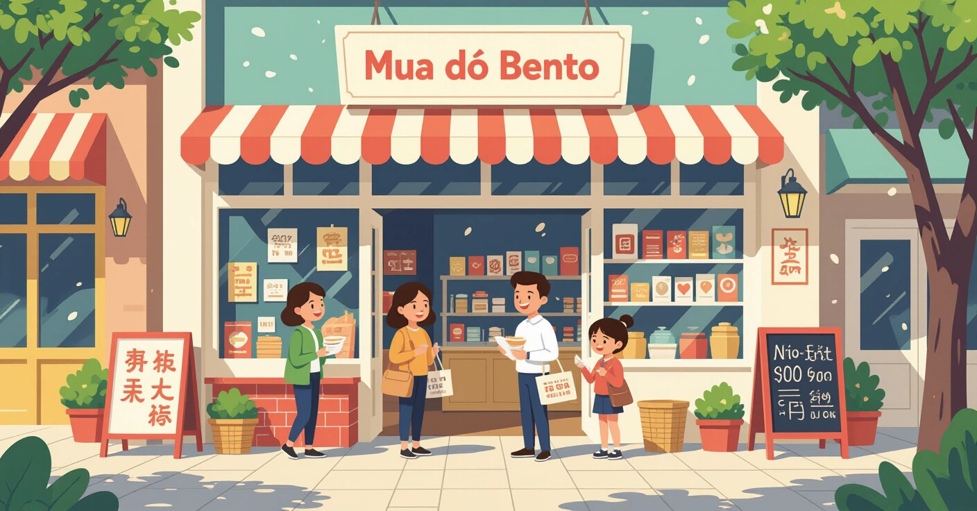 Phụ huynh nước ngoài đang chọn đồ bento tại cửa hàng 100 yên ở Nhật Bản
