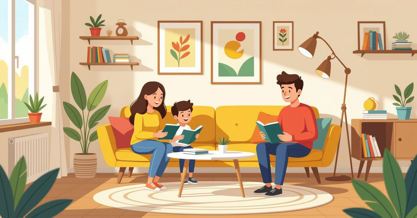 Minh họa cha mẹ đang hướng dẫn trẻ trong phòng khách Nhật Bản hiện đại