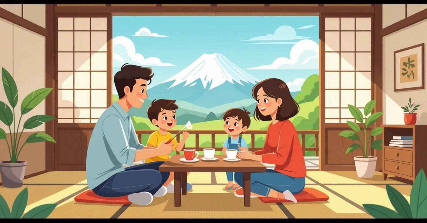 Gia đình đa văn hóa ôm trẻ nhỏ trong phòng khách Nhật Bản hiện đại