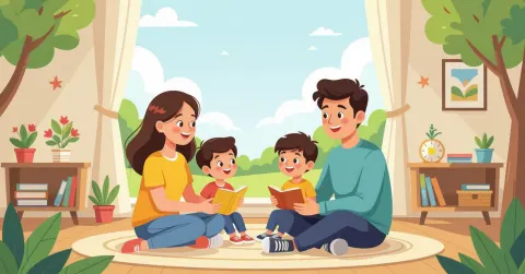 Minh họa mẹ Việt đọc sách về an toàn cơ thể cho con trong căn hộ hiện đại tại Nhật Bản