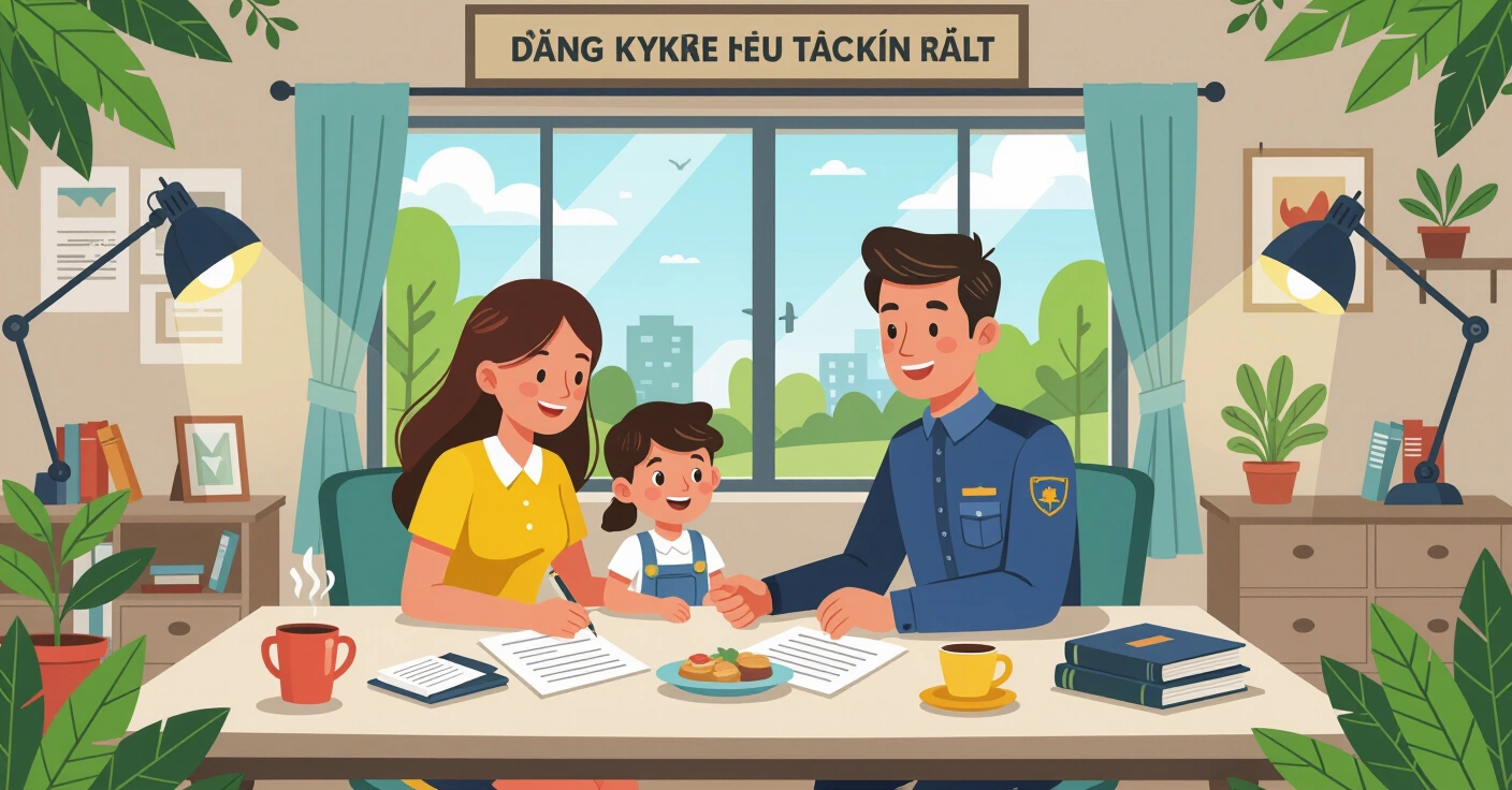 Cha mẹ nước ngoài cùng con nhỏ đang làm thủ tục tại đồn cảnh sát Nhật Bản