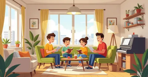 Gia đình nước ngoài chào hàng xóm trong hành lang chung cư Nhật Bản, phong cách minh họa hiện đại