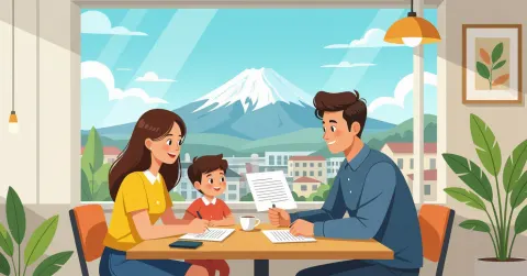 Gia đình đa văn hóa đưa trẻ đi khám bệnh tại phòng khám Nhật Bản, minh họa phong cách editorial hiện đại