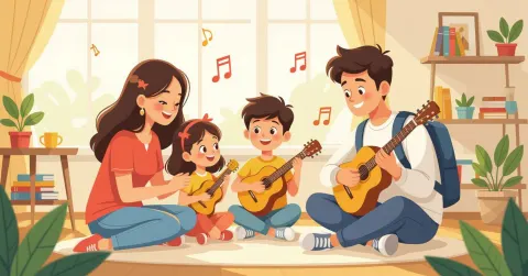 Trẻ em đa văn hóa đang vẽ tranh và chơi đàn piano trong căn phòng sáng sủ a tại Nhật Bản