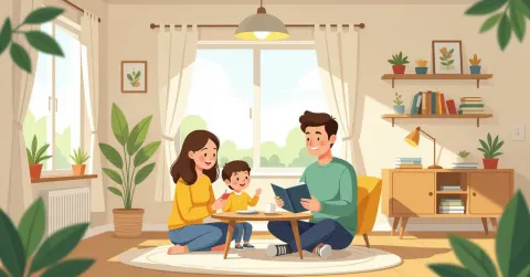 Cha mẹ ngồi cạnh con nhỏ đang chơi xếp hình trong phòng khách Nhật Bản, ánh sáng tự nhiên từ cửa sổ shoji