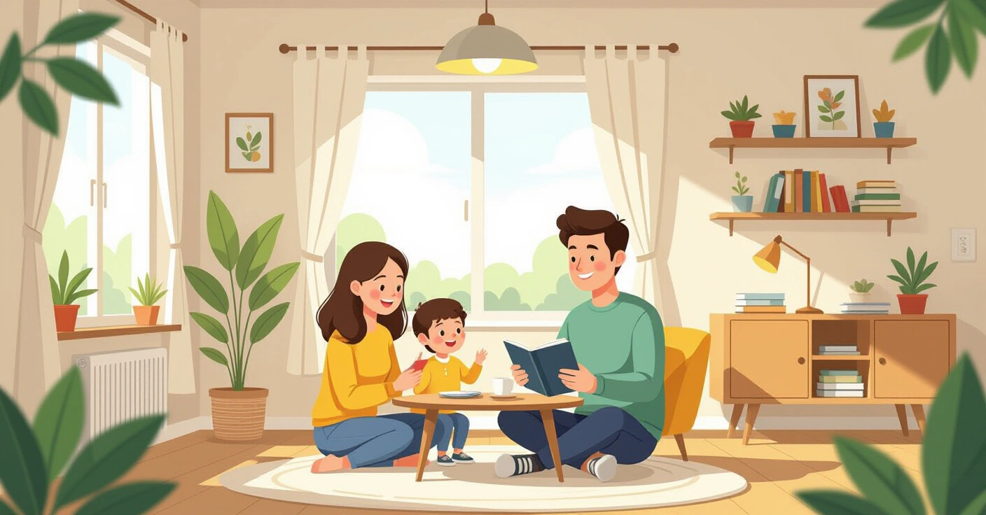 Minh họa gia đình đa văn hóa với trẻ khuyết tật trong văn phòng chính quyền Nhật Bản hiện đại