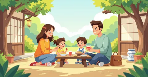 Hộp cơm bento Nhật Bản đầy màu sắc với cơm, cá, rau củ và trái cây được sắp xếp cân đối