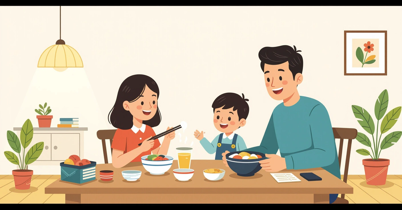Phụ huynh đang đóng hộp cơm bento đầy màu sắc cho trẻ trong bếp sáng hiện đại tại Nhật Bản