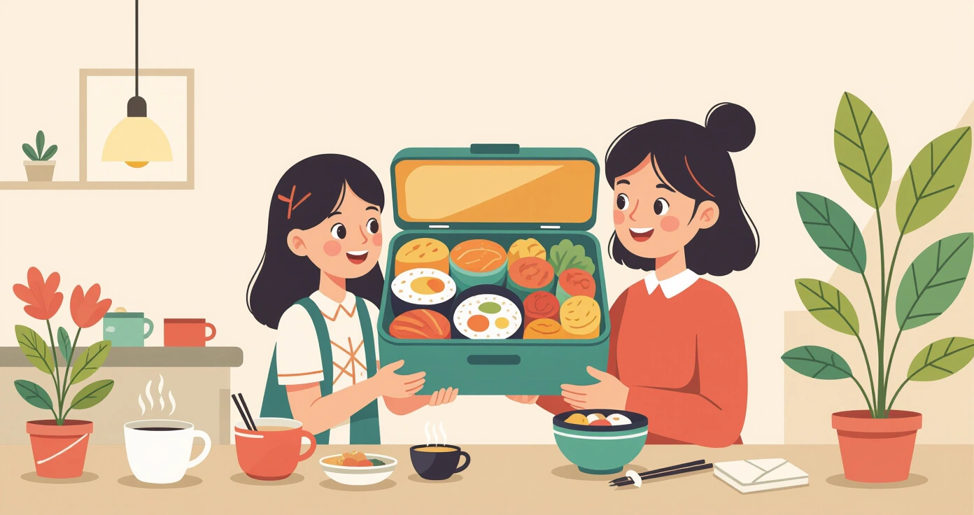 Các bước sắp xếp cơm, protein và rau củ vào hộp bento theo tỷ lệ dinh dưỡng chuẩn