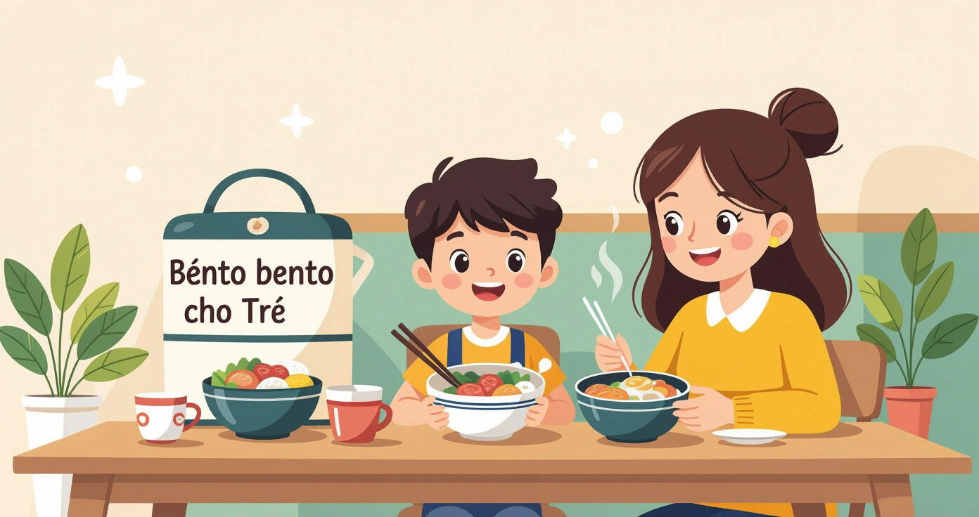 Hộp cơm bento với cơm hình gấu, xúc xích bông hoa và rau củ cắt hình ngôi sao đầy màu sắc