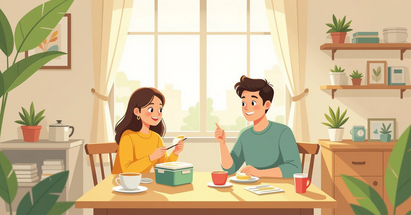 Nhiều loại hộp cơm bento và phụ kiện trang trí được sắp xếp trên mặt tatami sạch sẽ trong phong cách minh họa hiện đại