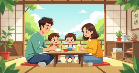 Phụ huynh đang sắp xếp hộp cơm bento nhiều màu sắc cho trẻ mầm non trong bếp Nhật hiện đại