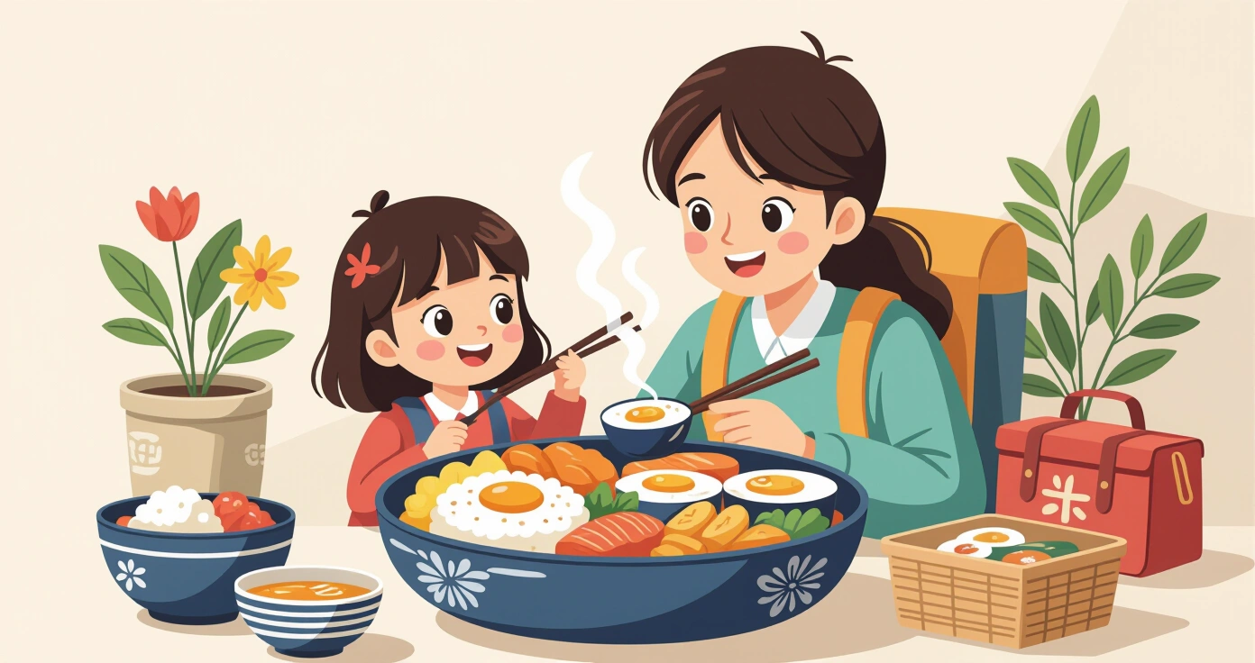 Trẻ mầm non đang mở hộp bento tại bàn ăn nhà trẻ Nhật Bản