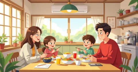 Minh họa so sánh hộp cơm bento tự làm đầy màu sắc bên cạnh khay kyushoku trong lớp học Nhật Bản