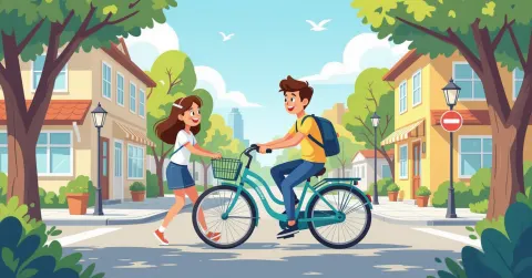Cha mẹ hướng dẫn con đội mũ bảo hiểm xe đạp trước cửa nhà kiểu Nhật