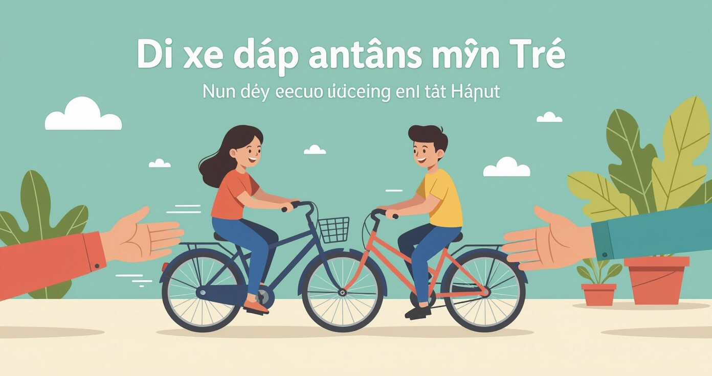 Minh họa trẻ em đi xe đạp đúng luật trên đường phố Nhật Bản với biển báo giao thông