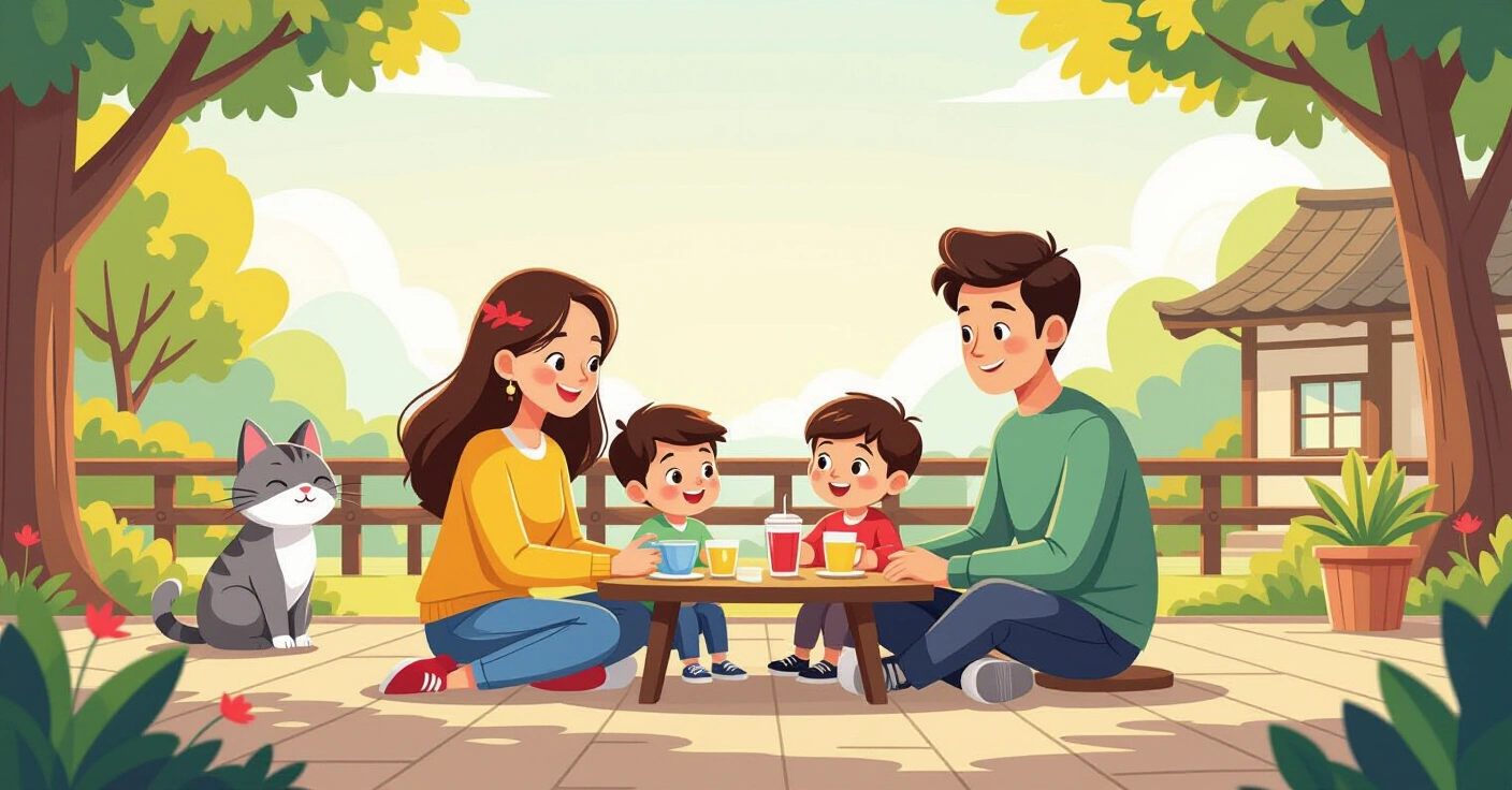 Gia đình Việt-Nhật cùng đọc sách song ngữ trong phòng khách ấm cúng tại Nhật Bản
