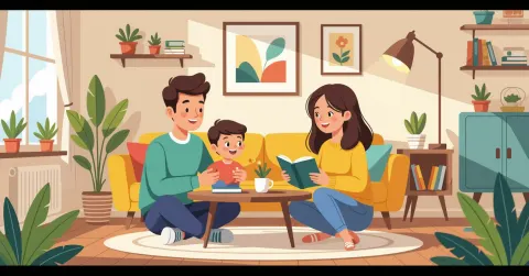 Gia đình Việt-Nhật đọc sách cùng nhau trong phòng khách sáng sủat tại Nhật Bản