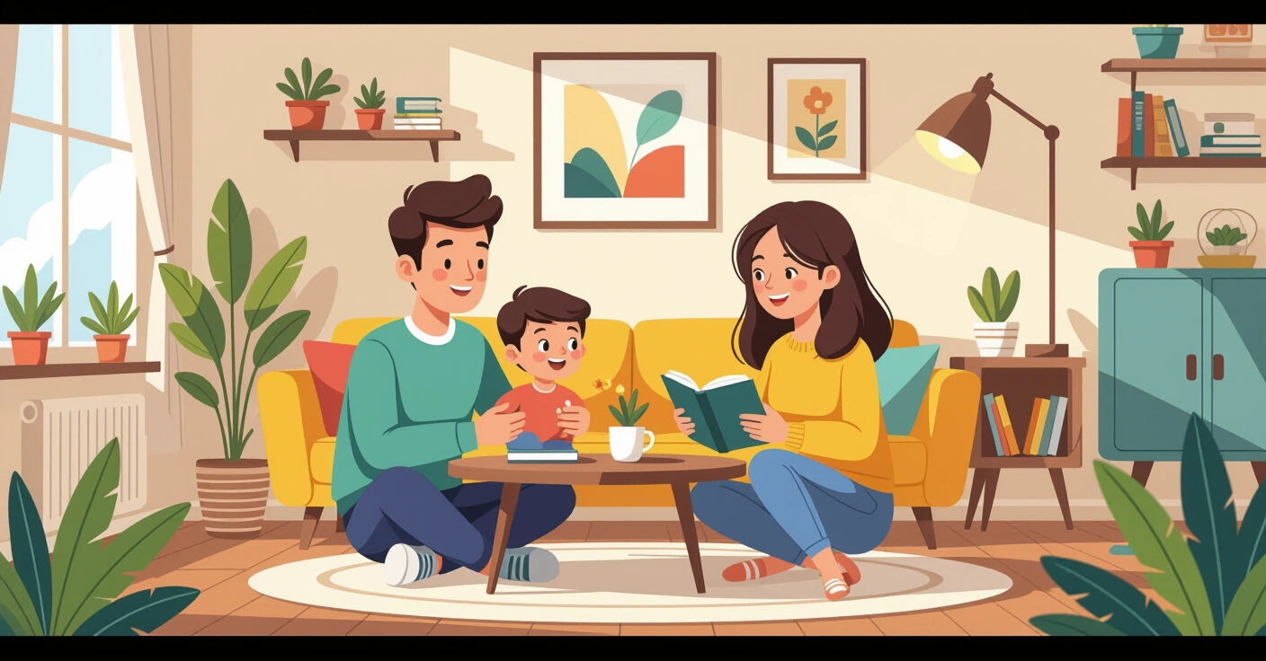 Gia đình Việt-Nhật đọc sách cùng nhau trong phòng khách sáng sủat tại Nhật Bản