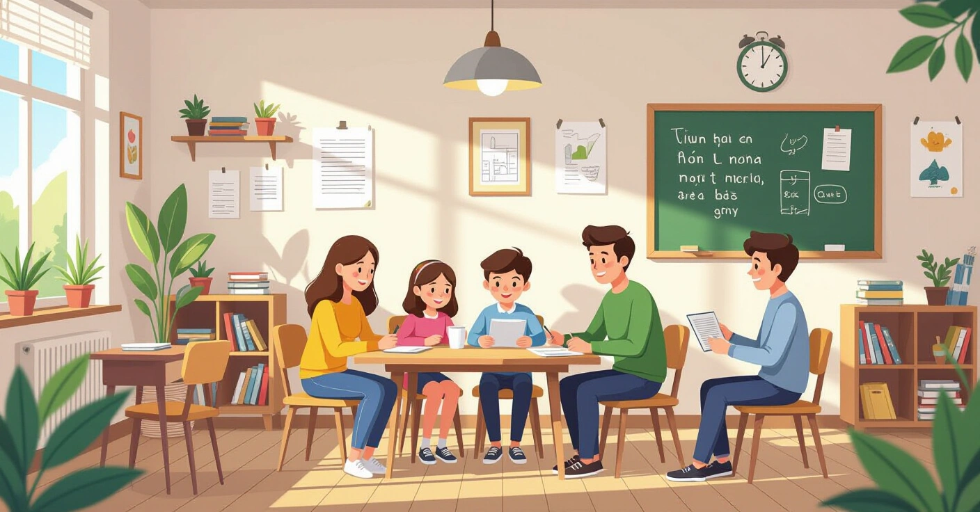 Minh họa cổng trường quốc tế tại Nhật Bản với trẻ em đa văn hóa và hoa anh đào