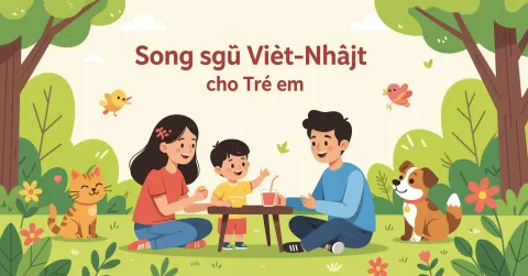 Gia đình đa văn hóa Việt-Nhật cùng đọc sách song ngữ trong phòng khách sáng sợa tại Nhật Bản
