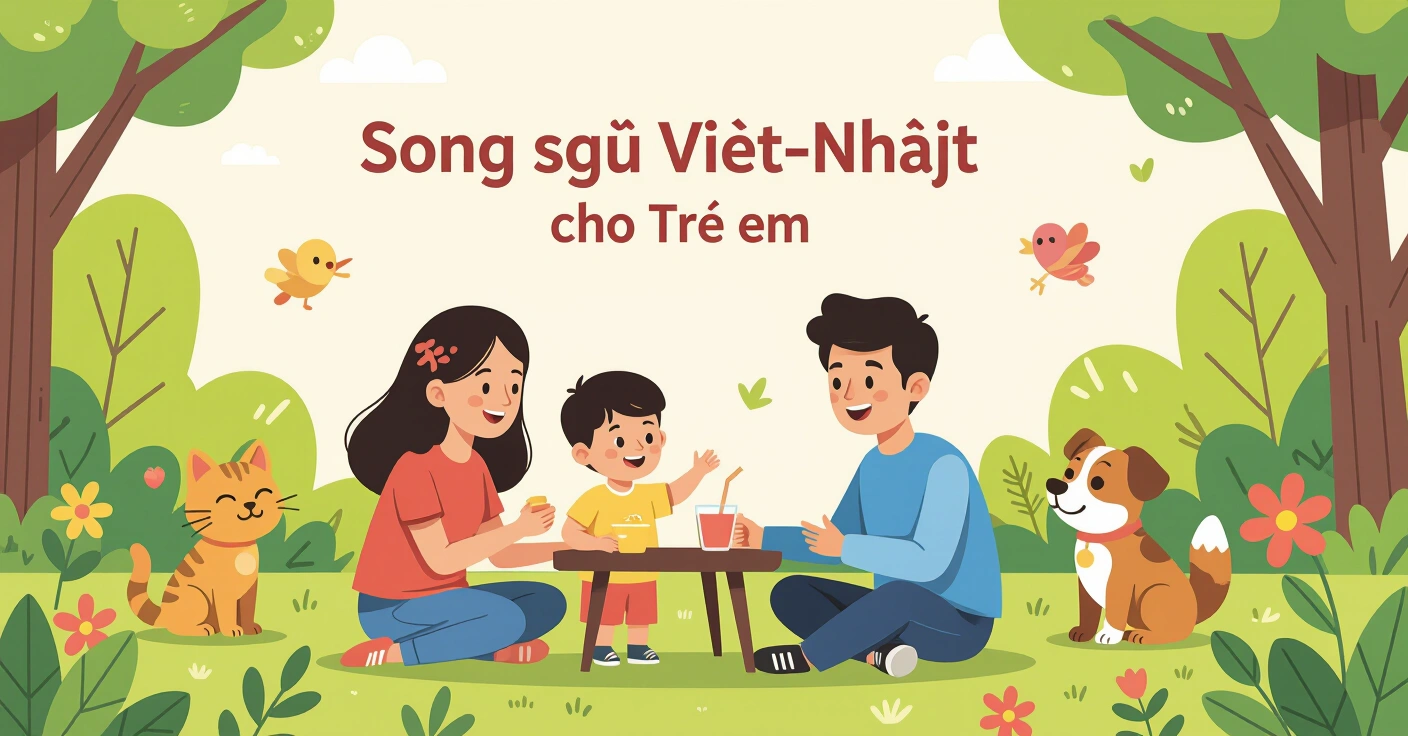 Gia đình đa văn hóa Việt-Nhật cùng đọc sách song ngữ trong phòng khách sáng sợa tại Nhật Bản