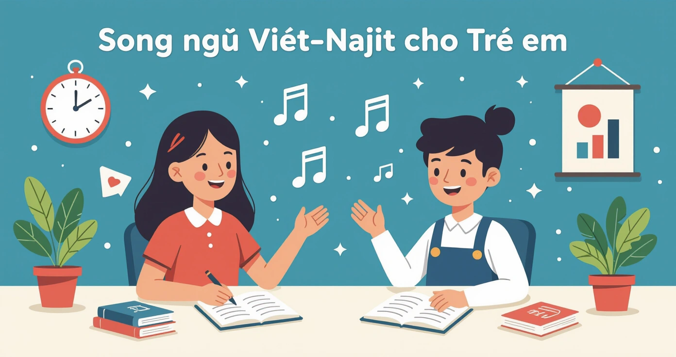 Mẹ nước Việt đang dạy con nhỏ bảng chữ cái tiếng Việt tại bàn ăn trong căn hộ hiện đại ở Nhật Bản
