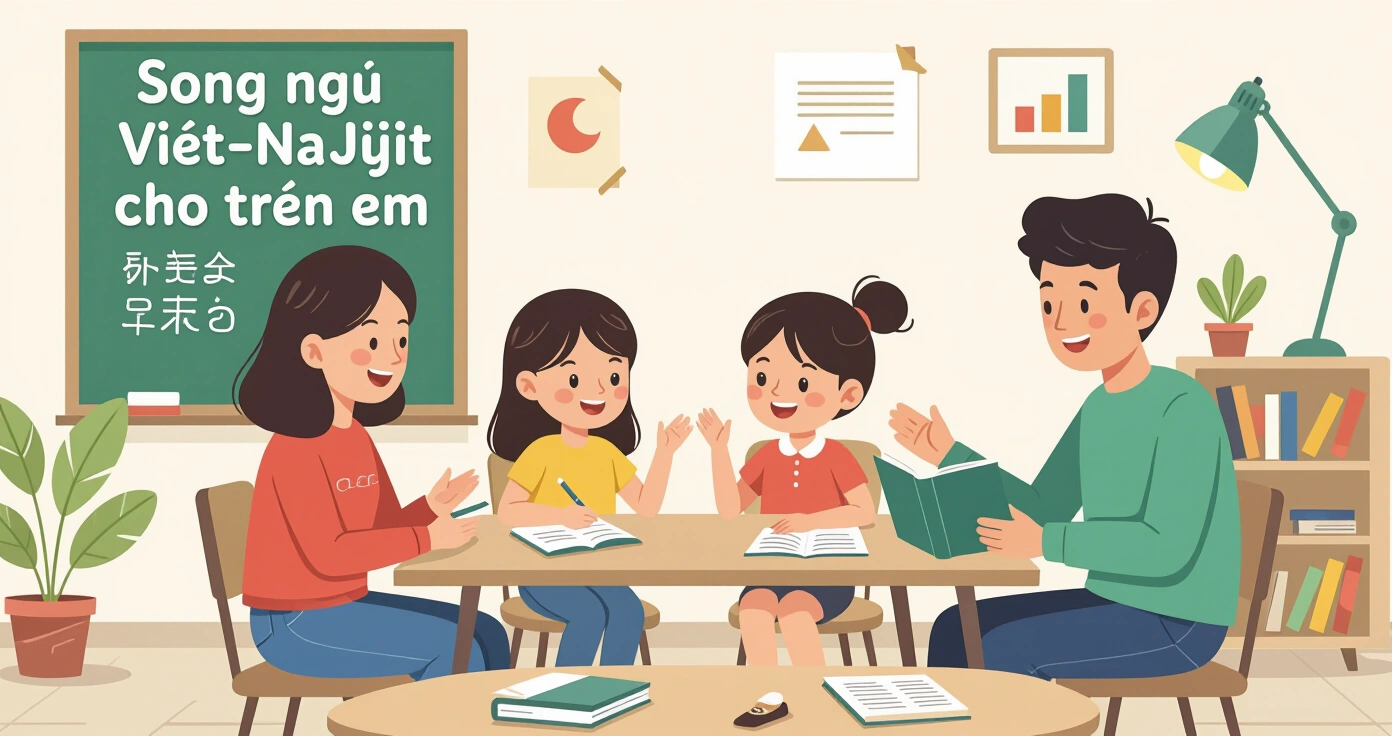 Trẻ em đa văn hóa đang vui chơi và học tập với sách song ngữ và đồ chơi giáo dục trong không gian nhà trẻ Nhật Bản