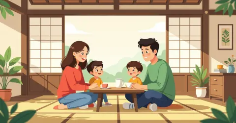 Gia đình đa văn hóa Việt-Nhật cùng nhau đọc sách trong phòng khách sáng sủiạ tại Nhật Bản