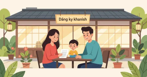 Cha mẹ Việt Nam đang làm thủ tục đăng ký khai sinh cho con tại lãnh sự quán với cờ Việt Nam và Nhật Bản ở phía sau