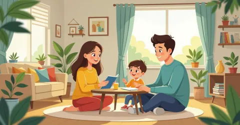 Minh họa cha mẹ người ngoài đang làm thủ tục đăng ký khai sinh tại tòa thị chính Nhật Bản