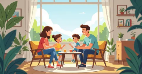 Minh họa nhóm cha mẹ đa văn hóa gặp gỡ tại trung tâm cộng đồng Nhật Bản