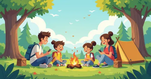 Gia đình đa văn hóa dựng lều cắm trại dưới chân núi Phú Sĩ, phong cách minh họa editorial