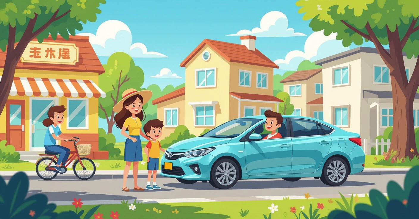 Gia đình đa văn hóa đứng cạnh chiếc minivan tại bãi đỗ xe Nhật Bản