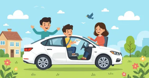 Gia đình đa văn hóa đang lắp ghế an toàn cho bé trên ô tô tại Nhật Bản