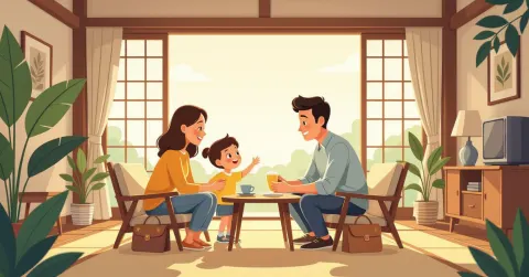 Minh họa gia đình đa văn hóa có em bé sơ sinh trong ngôi nhà Nhật Bản hiện đại