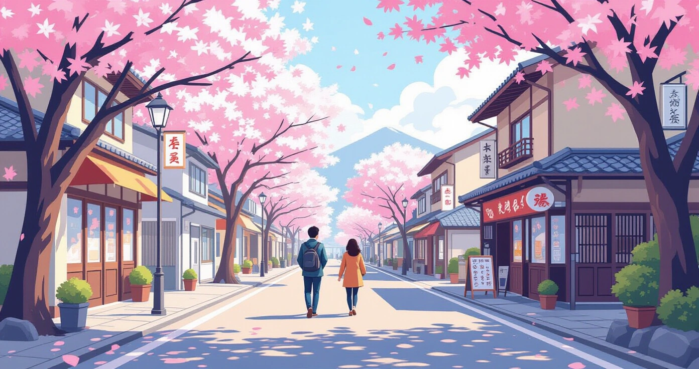 Cảnh công viên Nhật Bản mùa xuân với hoa anh đào nở rộ và gia đình đi dạo dưới tán cây