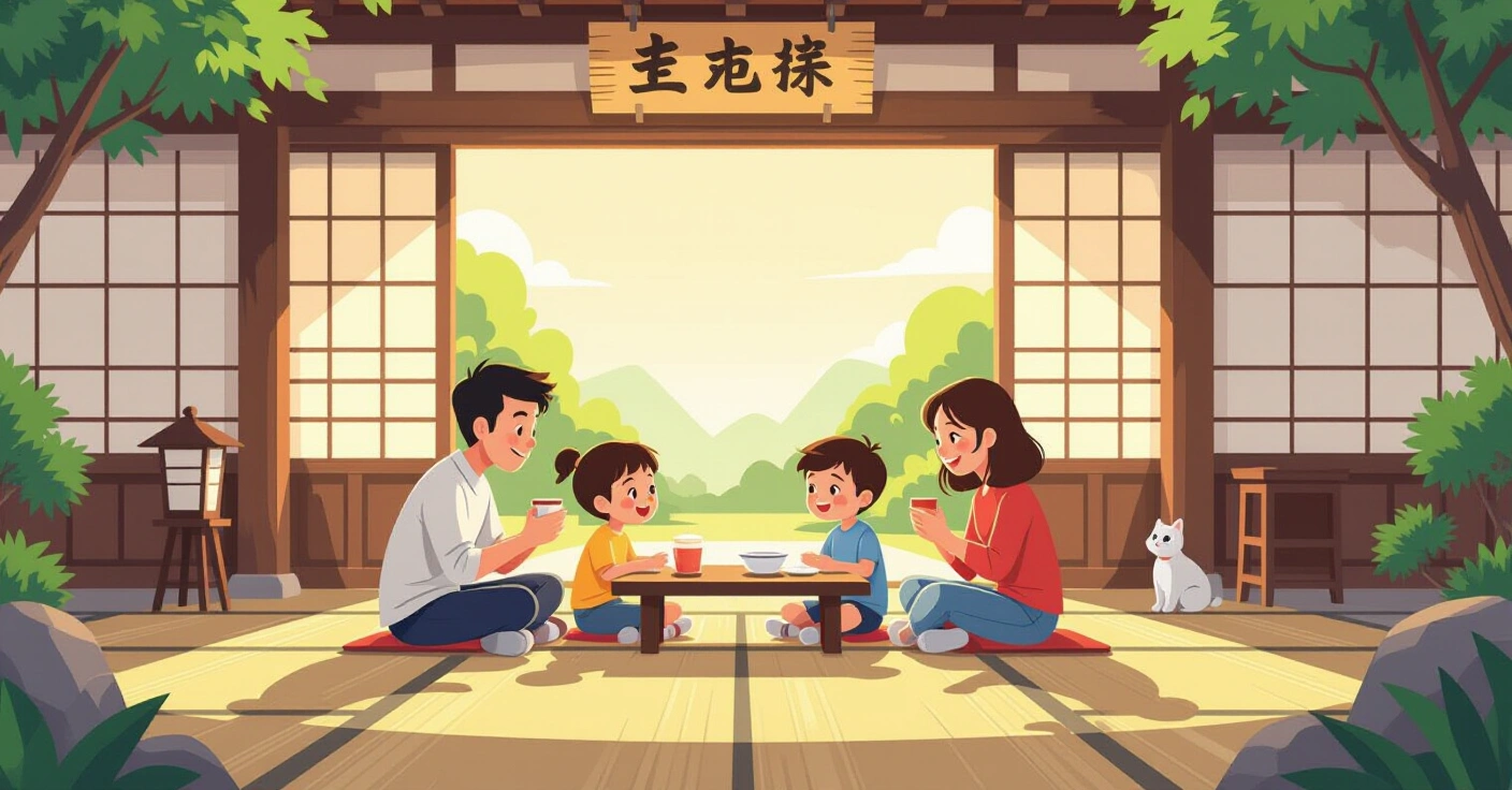 Minh họa gia đình đa văn hóa vui vẻ cùng trẻ em trong căn hộ Nhật Bản hiện đại