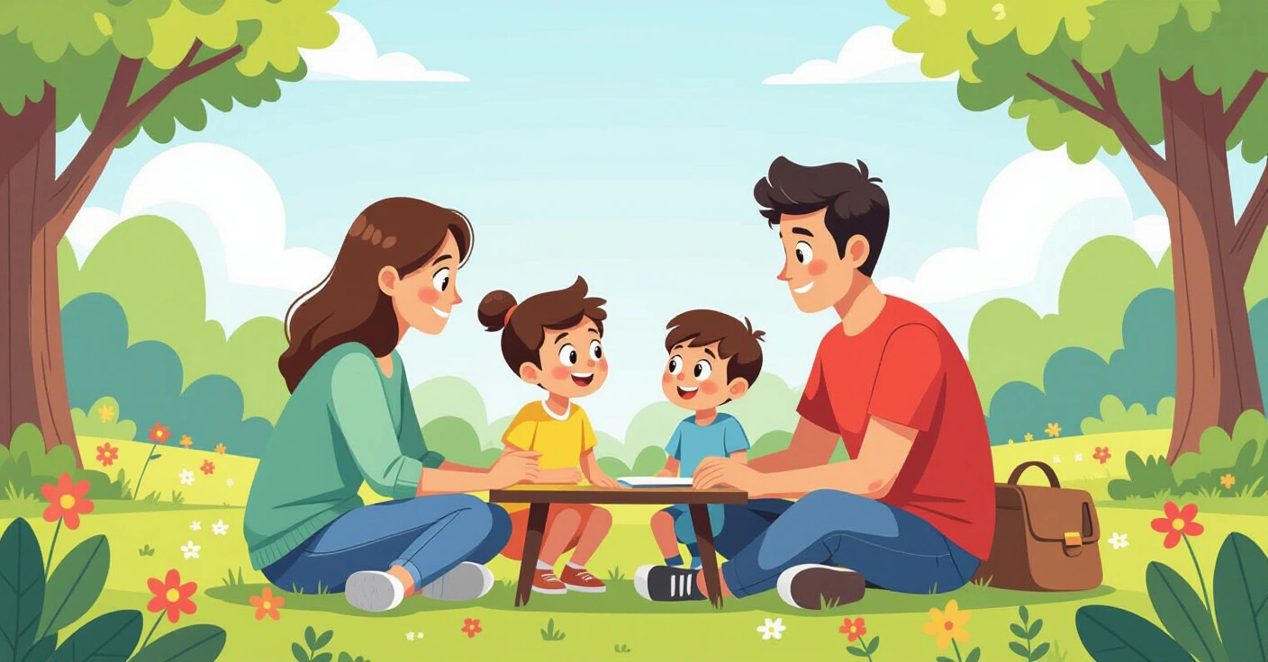 Minh họa gia đình đa văn hóa với hai đứa trẻ trong ngôi nhà Nhật Bản hiện đại, cha mẹ đang an ủi đứa trẻ nhỏ trong khi đứa trẻ lớn đứng bên cạnh với vẻ mặt ghen tị
