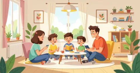 Minh họa gia đình đa văn hóa với trẻ nhỏ trong ngôi nhà hiện đại tại Nhật Bản, phong cách vector phẳng thân thiện