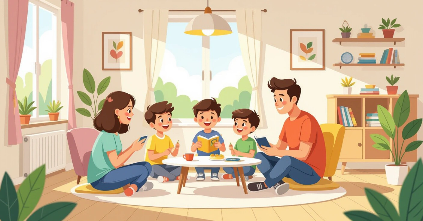 Minh họa gia đình đa văn hóa với trẻ nhỏ trong ngôi nhà hiện đại tại Nhật Bản, phong cách vector phẳng thân thiện