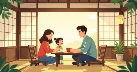 Cha nước ngoài bế em bé sơ sinh bên cạnh mẹ trong căn hộ sáng sủ tại Nhật Bản