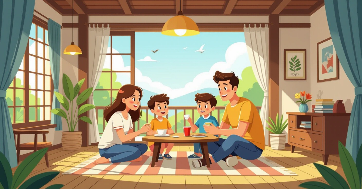 Cha mẹ ôm ấp trấn an trẻ đang lo lắng trong phòng khách sáng sủ̉a