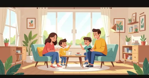 Cha mẹ an ủi con trẻ đang buồn trong căn nhà sáng sủathat Nhật Bản, minh họa phong cách editorial hiện đại