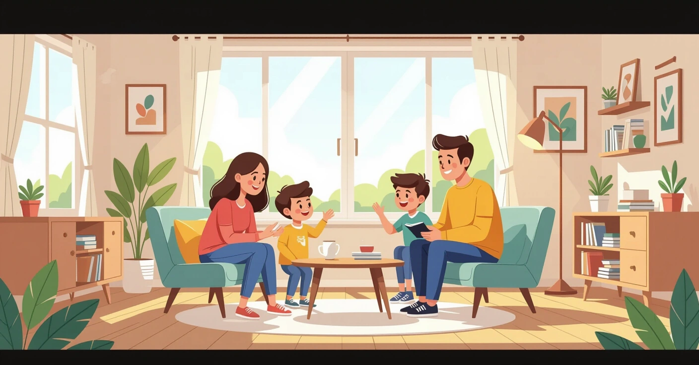Cha mẹ an ủi con trẻ đang buồn trong căn nhà sáng sủathat Nhật Bản, minh họa phong cách editorial hiện đại