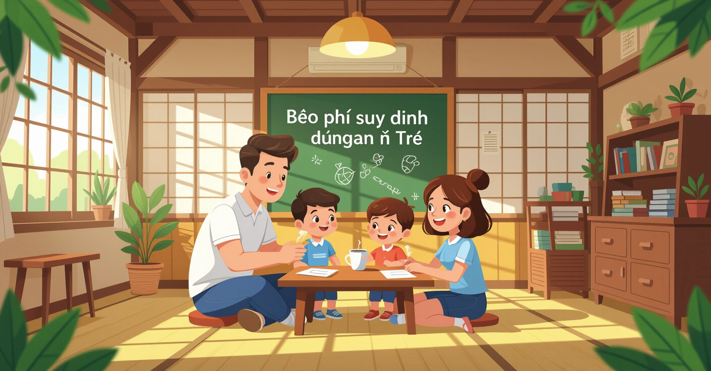 Minh họa gia đình đa văn hóa cùng trẻ nhỏ đang dùng bữa cân bằng dinh dưỡng trong căn bếp Nhật Bản hiện đại, phong cách vector phẳng thân thiện