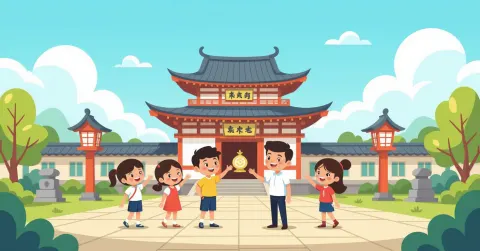 Minh họa gia đình đa văn hóa dạy trẻ cúi chào trên phố Nhật Bản