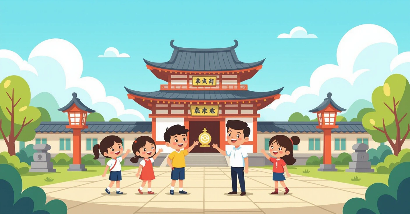 Minh họa gia đình đa văn hóa dạy trẻ cúi chào trên phố Nhật Bản