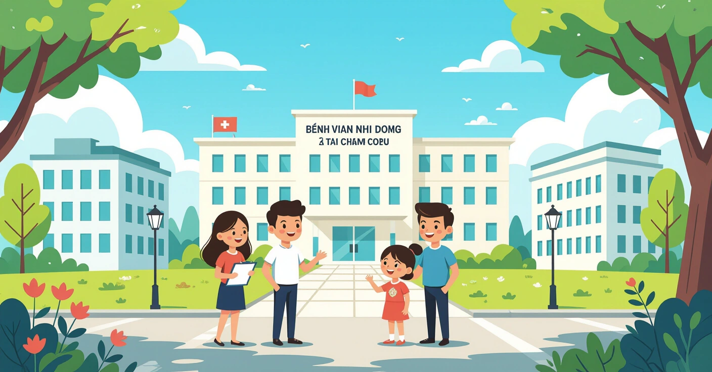 Phụ huynh đưa trẻ đến bệnh viện nhi đồng hiện đại tại Nhật Bản