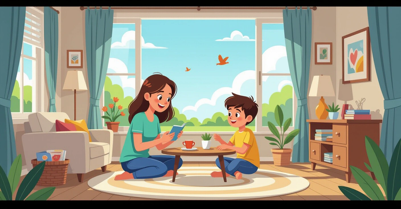 Minh họa người mẹ đơn thân an ủi con trong căn hộ nhỏ tại Nhật Bản